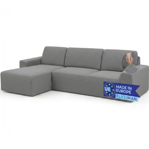 BLUZIMAN® Funda Sofa Chaise Long Gruesa Hecho en España, Fundas Chaise Longue Universal Super Elástica Ajustable, Protector Sofa Calidad, Sofa Cover (Gris, Izquierdo - Visto de Frente, Brazo Corto)
