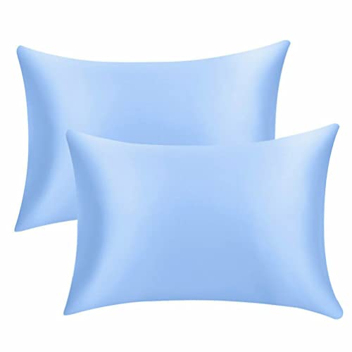 Juego de 2 colgantes de satén para el pelo y la piel, fundas de almohada con cremallera oculta, antiarrugas, resistente a la decoloración, suave microfibra, funda de almohada de 50 x 75 cm (azul)