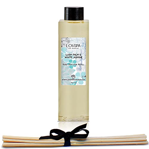 LOVSPA Lush Palm & Jasmine Reed Diffuser Oil Refill with Replacement Reed Sticks | Tranquil Scent Made with Premium Essential Oils | Green Palm, Jasmine & Lily of The Valley, 4 ozÂ | Made in The USA
