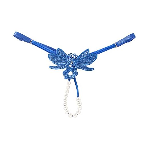 Tanga de perlas, ajustable, grande, con bordado femenino, con entrepierna abierta, azul, talla única