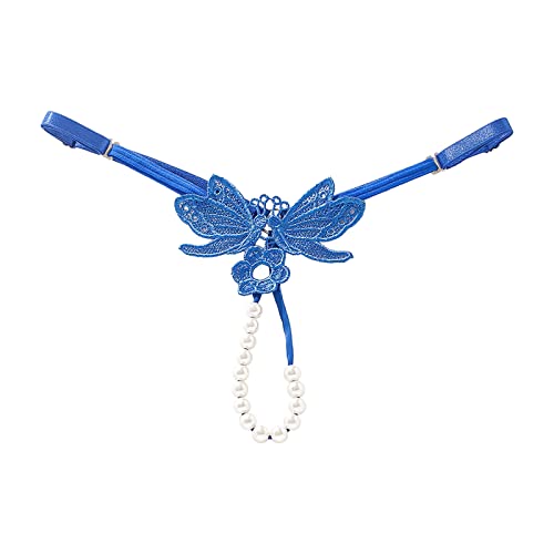 String sexy avec perles brodées et entrejambe ouvert, bleu, taille unique