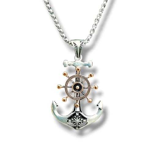 Erkek, Pusula Dümen Çıpa Denizci Figürlü K-122 Paslanmaz Kromix Çelik Gümüş Kaplama Kolye Madalyon