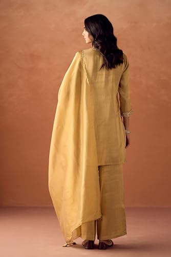 Image of FIORRA Women Mustard Yellow Tissue Blend Hand Embroidered Kurta Set with Dupatta