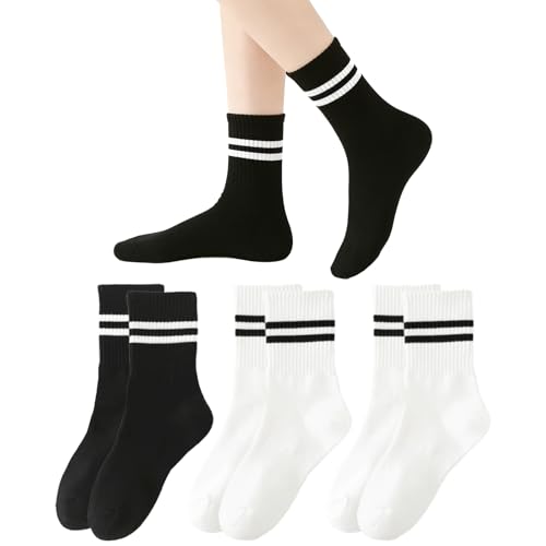 Dcozrr Womens Striped Socks Elastic Colorful Striped Crew Socks Athletics Casual Fun Cotton Tube Socks - 1 Black + 2 White