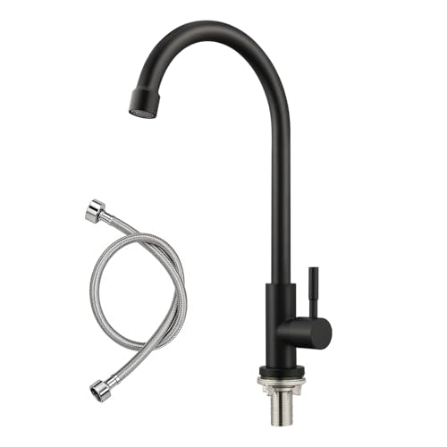 BONADE Wasserhahn Küche Schwarz, 360°Drehung Einhand Hochdruck Kaltwasserhahn Küche, küchenarmatur schwarz mit Muttern aus Edelstahl 304, Küchenarmatur Spültischarmatur Kaltwasser für Garten