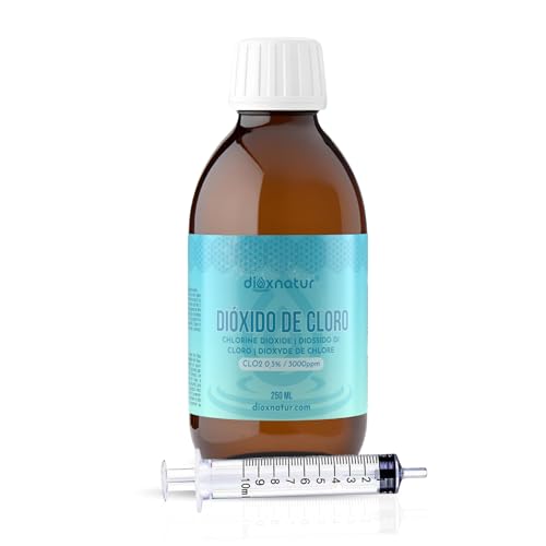 DIOXNATUR® Dióxido de cloro de 3000 ppm (250 ml). CDS Fabricado em Espanha. Fabrico recente. Garrafa de vidro.