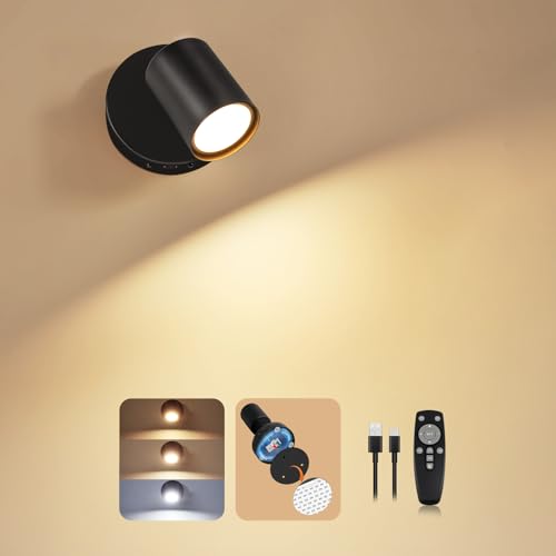 Dehobo Lámpara de pared que funciona con pilas, aplique de pared adhesivo con 3 temperaturas de color, focos de pared regulables recargables magnéticos de rotación de 350°, lámparas inalámbricas para