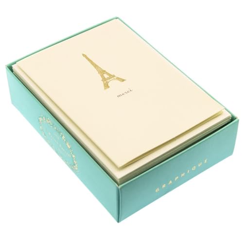 Image of Graphique Eiffel Tower Merci Notecards - 10 Embossed Gold Foil Blank Cards with Envelopes - Boxed Set - 3.25 inch x 4.75 inch