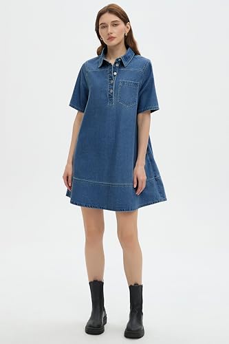 Image of EZAPINE Womens Denim Shirt Dress Collared Button Up V Neck Casual A Line Jean Dresses with Pockets