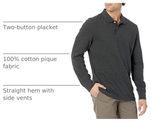 Amazon Essentials Men's Long-Sleeve Slim Fit Pique Polo Shirt, Charcoal Heather, X-Large - image 4