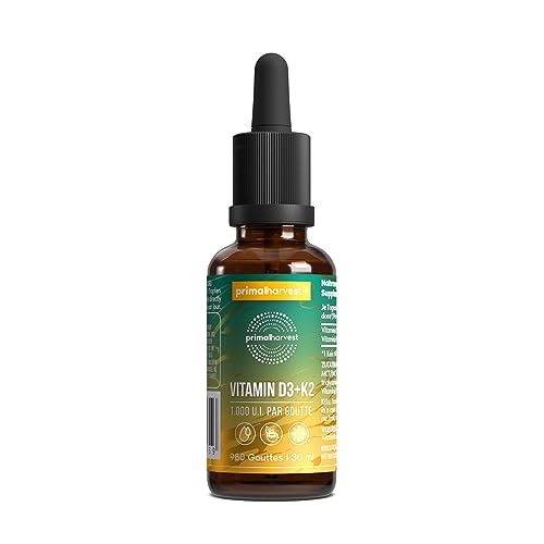 Primal Vitamin D3 & K2 Drops de Primal Harvest - 1 000 U.I., Gouttes multi vitamines avec huile MCT, vitamines liquides en flacon compte-gouttes, 980 par goutte (1 Pack (980 Drops), Sans saveur)