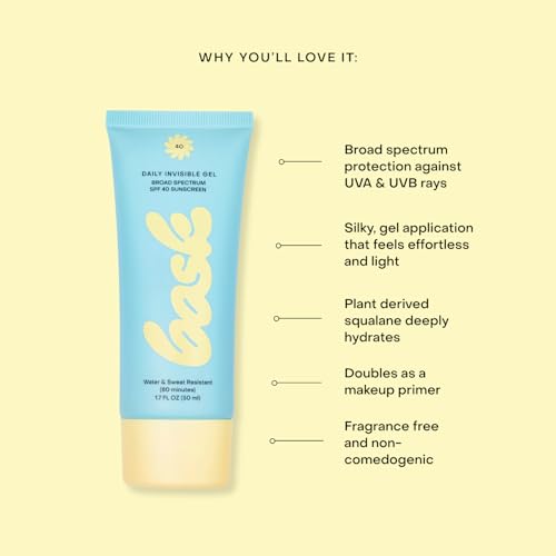Image of Bask SPF 40 Daily Invisible Gel Face Sunscreen - Broad Spectrum Protection, Fragrance Free, Makeup Primer, Hydrating, Clear, Lightweight & Non-Greasy, Dermatologist Recommended, 1.7 fl oz
