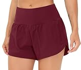 THE GYM PEOPLE Womens High Waisted Running Shorts Quick Dry Athletic Workout Shorts with Mesh Liner Zipper Pockets (Wine Red, Small)