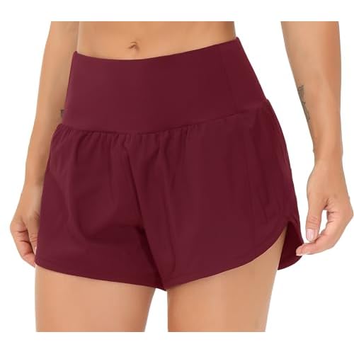 THE GYM PEOPLE Womens High Waisted Running Shorts Quick Dry Athletic Workout Shorts with Mesh Liner Zipper Pockets Wine Red Small
