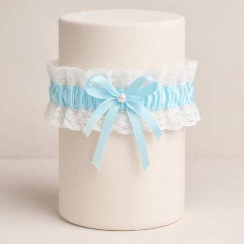 Strumpfband für Braut Strumpfband weiße Spitze mit blaues Satinband und glänzendem Kristall Spitze weiße Elegante Perle in der Mitte Strumpfband Brautschmuck Hochzeitsstrumpfband Braut