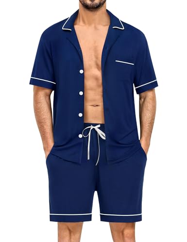 Image of SWOMOG Mens Pajama Sets Short Sleeve Sleepwear Button Down Loungewear Soft Modal Lounge Pjs with Pockets S-XXL