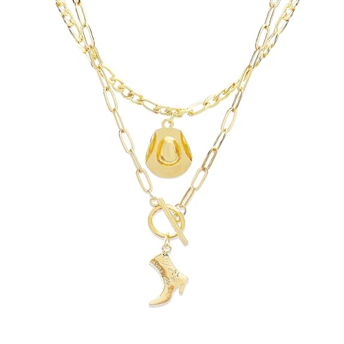 Jean Beau Cowboy Hat Boot Pendant Necklace Set for Women, 14K Gold Layer Dainty Western Cowgirl Hats...