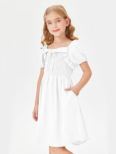 Batermoon Girls Summer Dresses Boho Smocked Puff Sleeve Casual Flowy Sundress 7-14 Years2