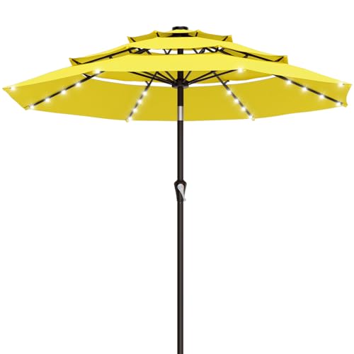 Image of AreShark 9ft 3 Tiers Patio Umbrella with Solar Lights, Outdoor Umbrella w / 32 LED Lights&8 Sturdy Ribs, Table Umbrella for Deck, Backyard, Pool (Yellow)