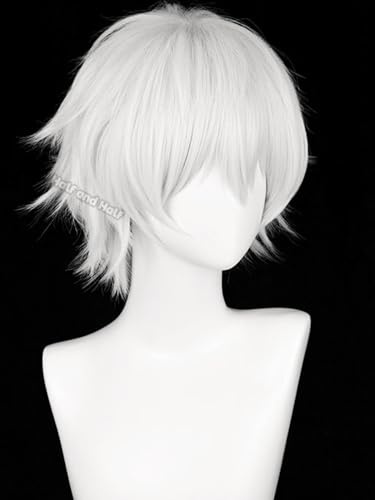 Image of Half and Half Short White Anime Cosplay Wig for Men Silver White Male Wigs with Bangs Synthetic Hair Wigs for Unisex Women Halloween Party Costumes