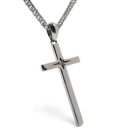 [silver KYASYA]シルバー925 クロスネックレス 一粒 ペンダント ダブル喜平 6面カット シルバー 燻し アンティーク メンズ 金アレ対応（60cm）（Amazon）