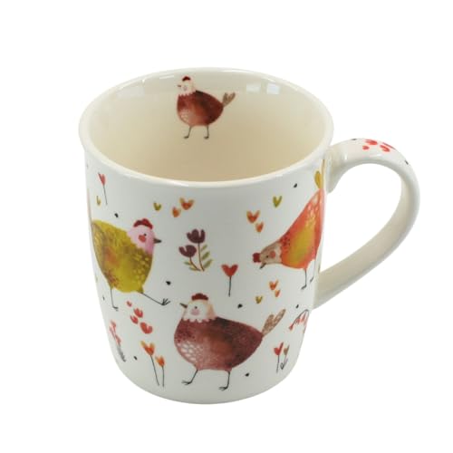 Tabac du Bassigny Tasse en Grès avec Motif Poules, 325 ml, Blanc avec Illustrations Colorées, Compatible Lave-vaisselle et Micro-ondes