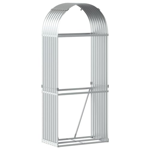 ACAGALA Soporte para leña de chimenea de metal, 80 x 45 x 190 cm, estantería para leña exterior, almacenamiento de leña, acero galvanizado, color plateado