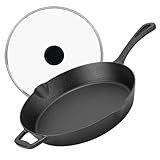 12 Inch Long Handle Cast Iron Skillet with Glass Lid, 6.37lbs