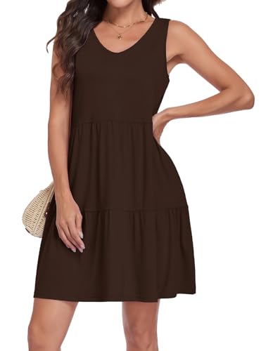 Image of Sundresses for Women Summer Sleeveless Tiered Swing V Neck Tank Dress | 2026 Casual Loose Tank Dress with Pockets, A-Line Flowy Beach Sun dress, Vacation Cruise Fashion Outfits