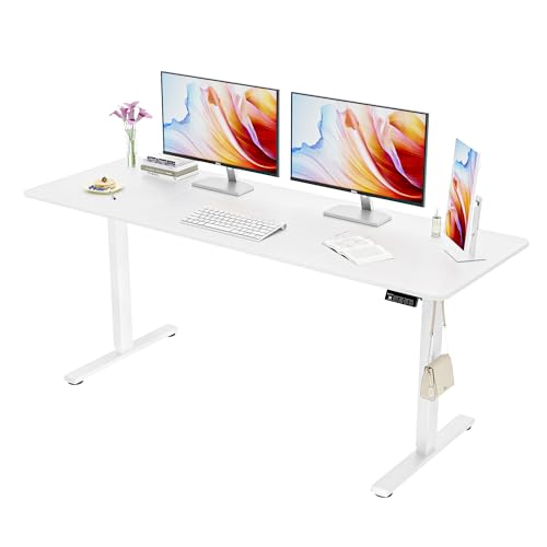 ERGOMAKER Electric Standing Desk, 67" x 23.6" Height Adjustable Sit Stand Desk with Splice Board for Home Office, Computer Table Memory Preset (White Frame, White Desktop)