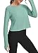 Bestisun Split Back Workout Long Sleeve Shirts Exercise Sports Clothes Activewear Running Tops for Women Gray Green S