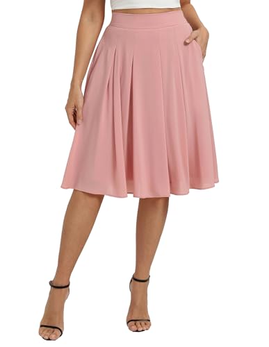Belle Poque Damen Elegante Midi Rock Hochtaillierter A-Linie Basic Plissee Skater Röcke Mit Taschen Hell Grau Rosa L