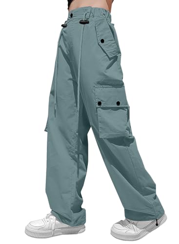 Image of HENGAO Girls Cargo Pants Parachute Casual Jogger Y2K 5-14 Years | Kids Baggy pants Parachute, Drawstring, with Pockets, Elastic High Waist, Loose Trousers Streetwear