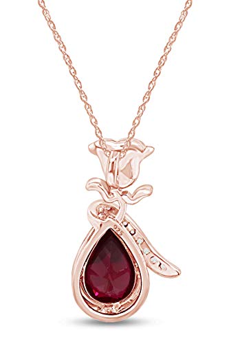 Affy White Cz & Simulated Pink Ruby Rose Teardrop Pendant Necklace In 14K Rose Gold Over Sterling Silver #TOP2