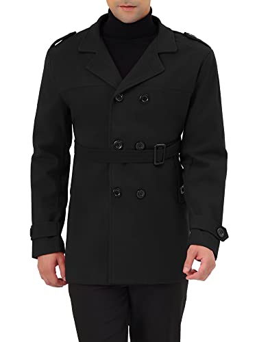 Image of Lars Amadeus Men's Black Pea Coat Slim Fit Notch Lapel Double Breasted Trench Coat with Belt Medium