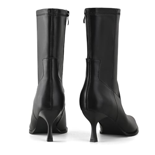 Kitten Heel Ankle Boots for Women Pointed Toe Stacked Stiletto Booties with Side Zipper Mid Calf Short Fashion Dress Boots3