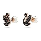 Swarovski Kolczyki zapinane na sztyft Swan, Kryształowa Perła, Łabędź, Czarne, Powłoka w odcieniu różowego złota