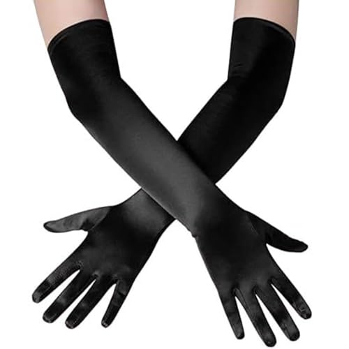 Loiluliy Satin Handschuhe Lang, 1 Paar Handschuhe Damen Elastic Classic Abendhandschuhe Seidenhandschuhe 1920er Style Black Gloves für Oper, Maskerade, Cosplay-Kostüme,...