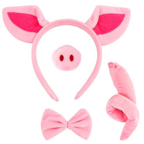 COCIDE Pig Ears Headbands Peppa Pig Costume Miss Piglet for Women Piggy Mask for Adults Tail Shrek Nose and Bow Tie Halloween Dress Up Party Decoration Accessories Set