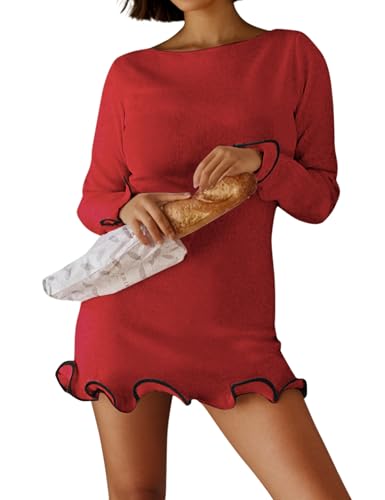 Image of ISZPLUSH Women's Sexy Bodycon Ruffle Hem Knit Dress Crew Neck Long Sleeve Slim Club Party Mini Dress