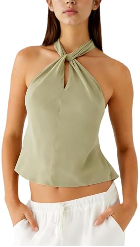Amiblvowa Women Sexy Keyhole Cutout Halter Top Satin Silk High Neck Sleeveless Backless Open Back Tie Up Crop Tank Summer Going Out Party Club Tops (Green S)