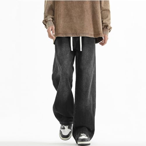 Elastic Waist Jeans for Men Baggy Loose Fit Drawstring Denim Pants Y2k Hip Hop Seam Wide Leg Pull On Jeans4