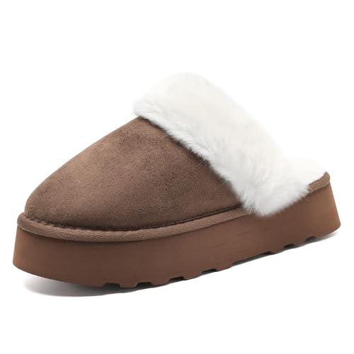 Guyarns Platform Slippers for Women,Fuzzy Rhinestone Womens Slippers Indoor and Outdoor Soft Memory Foam Slippers Fur Fleece Lined Anti-Slip House Shoes(Brown 38/39)