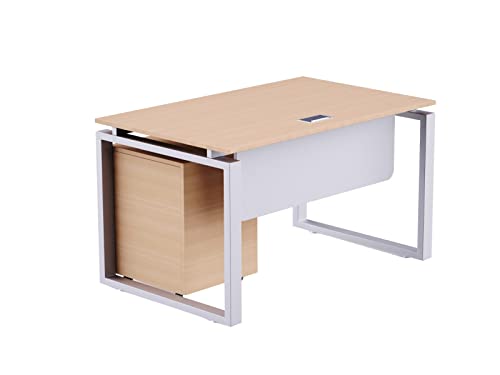 Mahmayi Carre Modern Workstation Desk with Wood Desktop - Square Shape Steel Legs, Silver Modesty Panel, Smart Cable Management- For Office Executives, Home Use (With Drawer) (120cm, Oak)