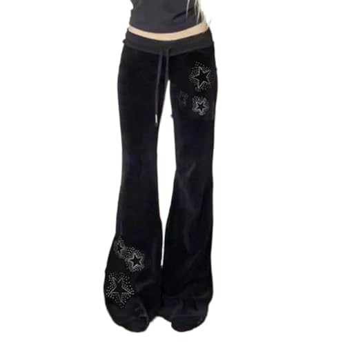 Velvet Rhinestone Star Flare Pants for Women Low Waist Y2K Streetwear Bell Bottoms
