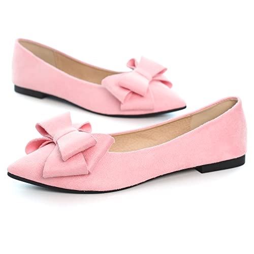 SAILING LU Bow-Knot Ballet Flats Womens Pointy Toe Flat Shoes Suede Dress Shoes Wear to Work Slip On Moccasins Dark Pink Size 7.53