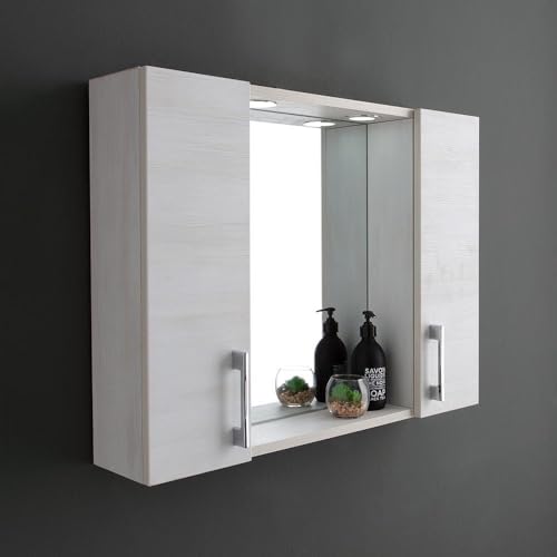Kiamami Valentina Espejo contenedor con Dos estantes Roble Blanco Efecto Madera
