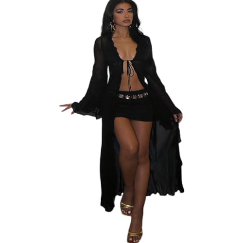 Women's Mesh Sheer Long Flared Sleeve Cardigan Maxi Dress Lace Up Ruffles See Through Beach Cover Ups Party Clubwear3