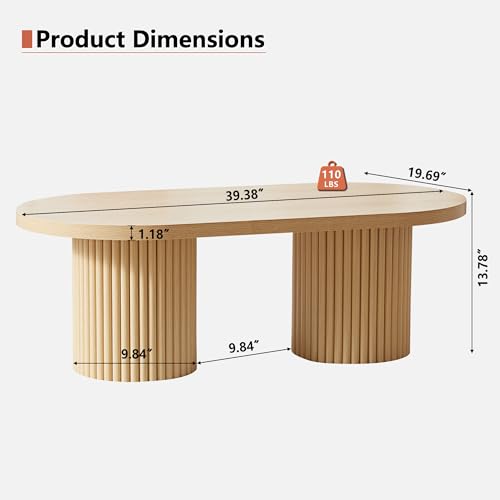 Image of Fluted Oval Coffee Table for Living Room, Boho Modern Coffee Table,Natural | Mid Century Modern Coffee Table with Fluted Legs, Wooden Center Table for Home Office Cafe, Vintage, 39.38 inch x 19.69 inch x 13.78 inch