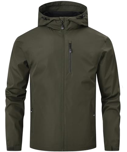 Huayuzh Regenjacke Herren Wasserdicht Leichte Regenmantel Camping Wandern Atmungsaktiv Packbare Softshelljacke mit Kapuze Armee Grün M